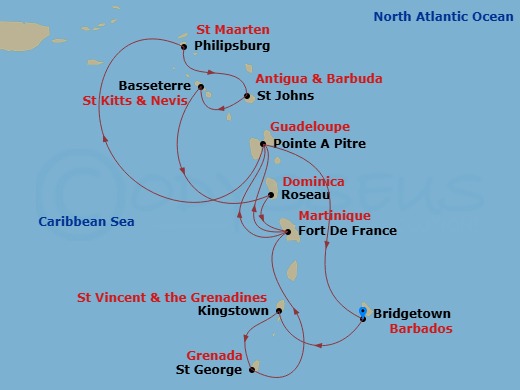 14 Night - South Caribbean - MSC World Asia - Starting in Bridgetown, Barbados, Kingstown, St Vincent and the Grenadines, Saint George, Grenada, Fort-de-France, Martinique, Pointe-A-Pitre, Guadeloupe, Philipsburg, St Maarten, St Johns AG, Antigua, Basseterre, St Kitts and Nevis, Roseau, Dominica, Fort-de-France, Martinique, Pointe-A-Pitre, Guadeloupe, Bridgetown, Barbados itinerary map