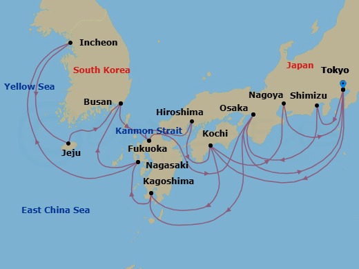 28 Night - Southern Japan & South Korea Collectors' Voyage - Noordam - Starting in Tokyo, Japan, Shimizu, Japan, Osaka, Japan, Kagoshima, Japan, Nagasaki, Japan, Busan (Pusan), South Korea, Fukuoka (Hakata), Japan, Scenic Cruising Kanmon Straits, Hiroshima, Japan, Kochi, Japan, Nagoya, Japan, Tokyo, Japan, Kochi, Japan, Kagoshima, Japan, Nagasaki, Japan, Incheon (Seoul), South Korea, Jeju (Cheju) City, South Korea, Busan (Pusan), South Korea, Fukuoka (Hakata), Japan, Scenic Cruising Kanmon Straits, Osaka, Japan, Tokyo, Japan itinerary map