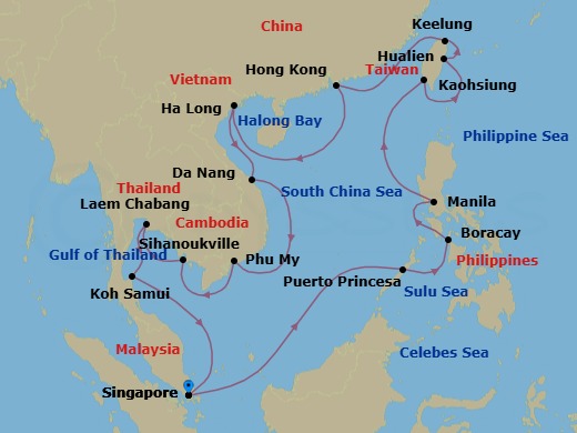 26 Night - Philippines, Taiwan & Far East Collectors' Voyage - Noordam - Starting in Singapore, Puerto Princesa, Philippines, Boracay, Philippines, Manila, Philippines, Kaohsiung, Taiwan, Hualien, Taiwan, Keelung (Taipei), Taiwan, Hong Kong, China, Halong Bay, Vietnam, Da Nang (Hue), Vietnam, Phu My, Vietnam, Sihanoukville, Cambodia, Laem Chabang (Bangkok), Thailand, Nathon (Koh Samui), Thailand, Singapore itinerary map