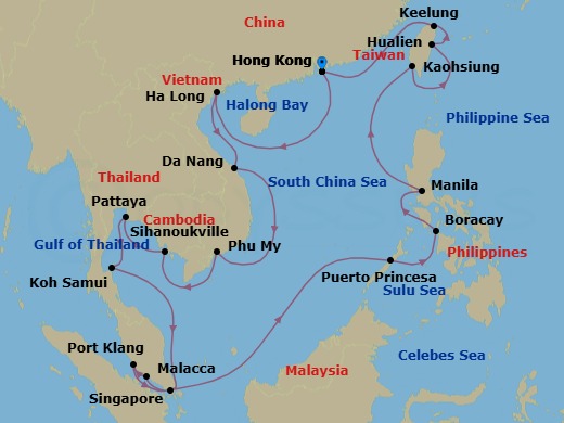 28 Night - Far East & Philippines Holiday Collectors' Voyage - Noordam - Starting in Hong Kong, China, Halong Bay, Vietnam, Da Nang (Hue), Vietnam, Phu My, Vietnam, Sihanoukville, Cambodia, Pattaya (Bangkok), Thailand, Nathon (Koh Samui), Thailand, Malacca, Malaysia, Port Kelang (Kuala Lumpur), Malaysia, Singapore, Puerto Princesa, Philippines, Boracay, Philippines, Manila, Philippines, Kaohsiung, Taiwan, Hualien, Taiwan, Keelung (Taipei), Taiwan, Hong Kong, China itinerary map