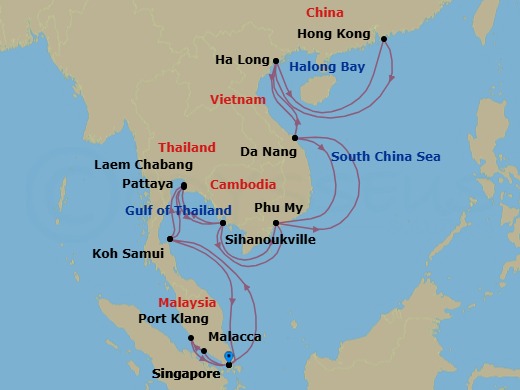 30 Night - Far East Discovery Holiday Collectors' Voyage - Noordam - Starting in Singapore, Nathon (Koh Samui), Thailand, Laem Chabang (Bangkok), Thailand, Sihanoukville, Cambodia, Phu My, Vietnam, Da Nang (Hue), Vietnam, Halong Bay, Vietnam, Hong Kong, China, Halong Bay, Vietnam, Da Nang (Hue), Vietnam, Phu My, Vietnam, Sihanoukville, Cambodia, Pattaya (Bangkok), Thailand, Nathon (Koh Samui), Thailand, Malacca, Malaysia, Port Kelang (Kuala Lumpur), Malaysia, Singapore itinerary map