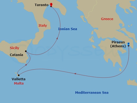 4 Night - Eastern Mediterranean from Piraeus (Athens) - Costa Fascinosa - Starting in Piraeus (Athens), Malta / La Valletta, Catania, Taranto itinerary map