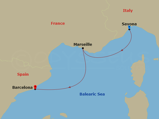2 Night - Europe from Savona to Barcelona - Costa Smeralda - Starting in Savona, Marseille, Barcelona itinerary map