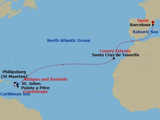 12 Night - East Caribbean - MSC World Asia - Starting in Pointe-A-Pitre, Guadeloupe, Philipsburg, St Maarten, St Johns AG, Antigua, Santa Cruz de Tenerife, Barcelona, Spain itinerary map