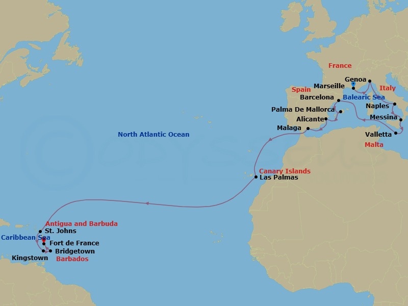 21 Night - Msc Grand Voyages - MSC World Asia - Starting in Marseille (Provence), France, Genoa (Portofino), Italy, Naples (Pompeii), Italy, Messina (Taormina), Italy, La Valletta, Malta, Barcelona, Spain, Palma De Mallorca (Baleari Is), Spain, Alicante, Spain, Malaga (Granada), Spain, Las Palmas de Gran Canaria (Canary Islands), Spain, St Johns AG, Antigua, Kingstown, St Vincent and the Grenadines, Bridgetown, Barbados, Fort-de-France, Martinique itinerary map