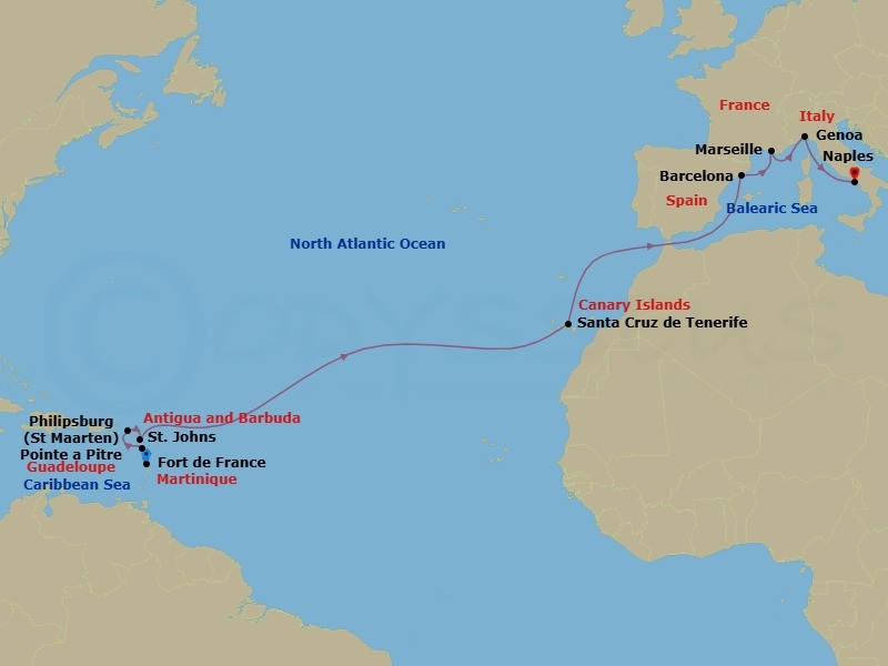 16 Night - Msc Grand Voyages - MSC World Asia - Starting in Fort-de-France, Martinique, Pointe-A-Pitre, Guadeloupe, Philipsburg, St Maarten, St Johns AG, Antigua, Santa Cruz de Tenerife, Barcelona, Spain, Marseille (Provence), France, Genoa (Portofino), Italy, Naples (Pompeii), Italy itinerary map