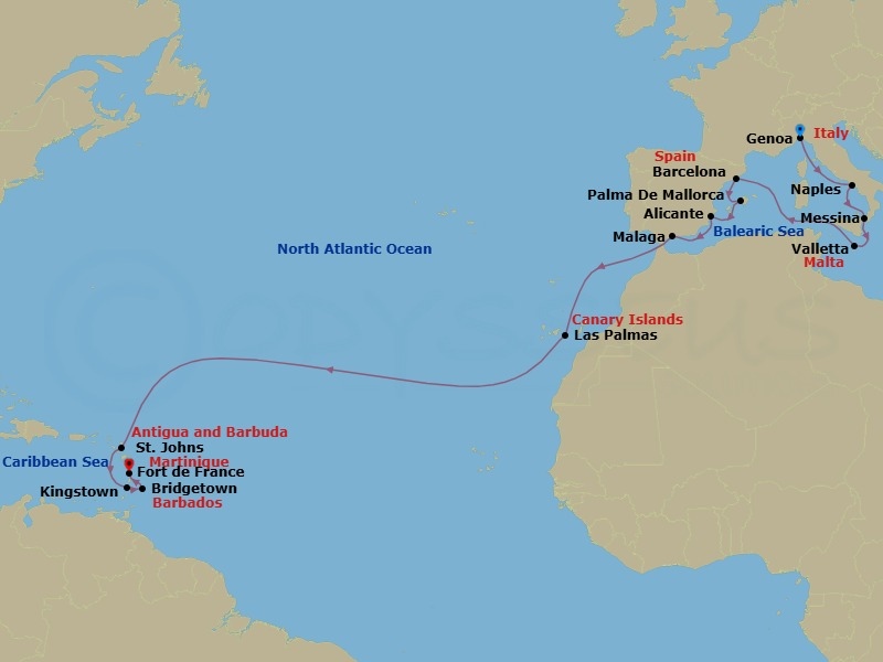 20 Night - Msc Grand Voyages - MSC World Asia - Starting in Genoa (Portofino), Italy, Naples (Pompeii), Italy, Messina (Taormina), Italy, La Valletta, Malta, Barcelona, Spain, Palma De Mallorca (Baleari Is), Spain, Alicante, Spain, Malaga (Granada), Spain, Las Palmas de Gran Canaria (Canary Islands), Spain, St Johns AG, Antigua, Kingstown, St Vincent and the Grenadines, Bridgetown, Barbados, Fort-de-France, Martinique itinerary map