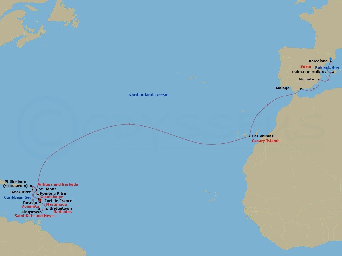 22 Night - Msc Grand Voyages - MSC World Asia - Starting in Barcelona, Spain, Palma De Mallorca (Baleari Is), Spain, Alicante, Spain, Malaga (Granada), Spain, Las Palmas de Gran Canaria (Canary Islands), Spain, St Johns AG, Antigua, Kingstown, St Vincent and the Grenadines, Bridgetown, Barbados, Fort-de-France, Martinique, Pointe-A-Pitre, Guadeloupe, St Johns AG, Antigua, Philipsburg, St Maarten, Basseterre, St Kitts and Nevis, Roseau, Dominica, Fort-de-France, Martinique itinerary map