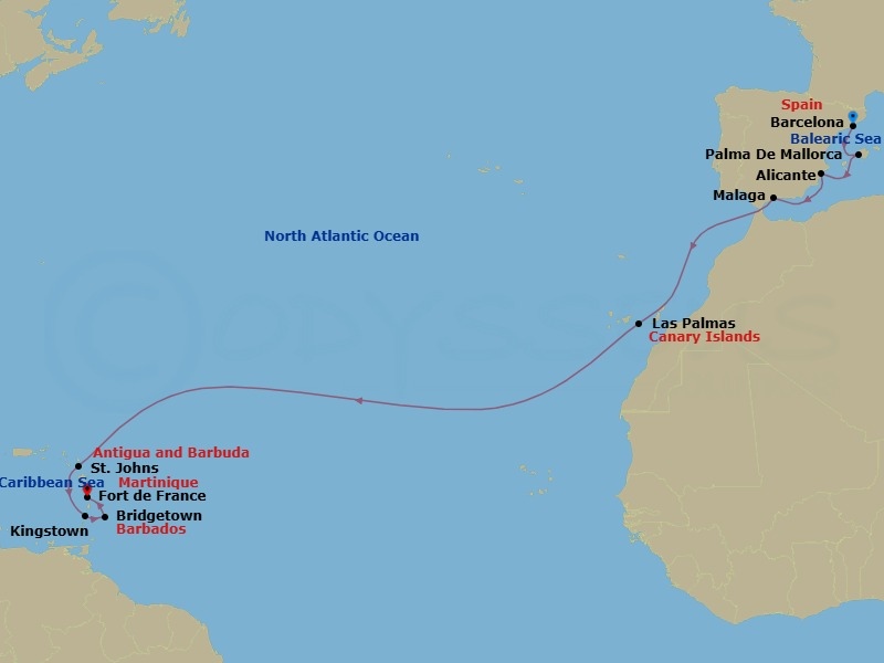15 Night - Msc Grand Voyages - MSC World Asia - Starting in Barcelona, Spain, Palma De Mallorca (Baleari Is), Spain, Alicante, Spain, Malaga (Granada), Spain, Las Palmas de Gran Canaria (Canary Islands), Spain, St Johns AG, Antigua, Kingstown, St Vincent and the Grenadines, Bridgetown, Barbados, Fort-de-France, Martinique itinerary map