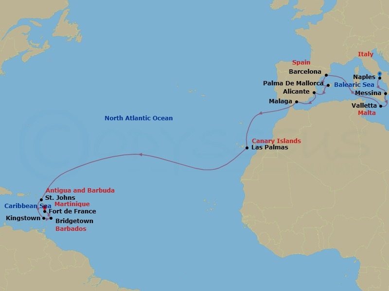 19 Night - Msc Grand Voyages - MSC World Asia - Starting in Naples (Pompeii), Italy, Messina (Taormina), Italy, La Valletta, Malta, Barcelona, Spain, Palma De Mallorca (Baleari Is), Spain, Alicante, Spain, Malaga (Granada), Spain, Las Palmas de Gran Canaria (Canary Islands), Spain, St Johns AG, Antigua, Kingstown, St Vincent and the Grenadines, Bridgetown, Barbados, Fort-de-France, Martinique itinerary map