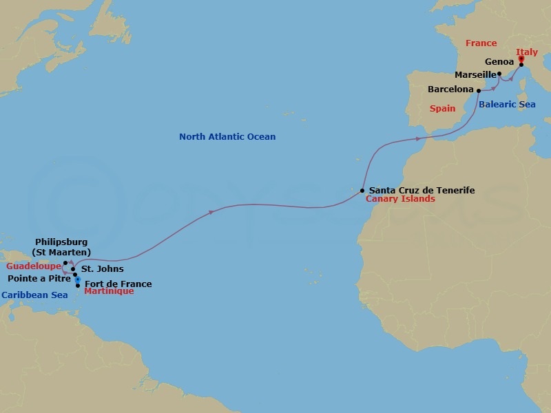 15 Night - Msc Grand Voyages - MSC World Asia - Starting in Fort-de-France, Martinique, Pointe-A-Pitre, Guadeloupe, Philipsburg, St Maarten, St Johns AG, Antigua, Santa Cruz de Tenerife, Barcelona, Spain, Marseille (Provence), France, Genoa (Portofino), Italy itinerary map
