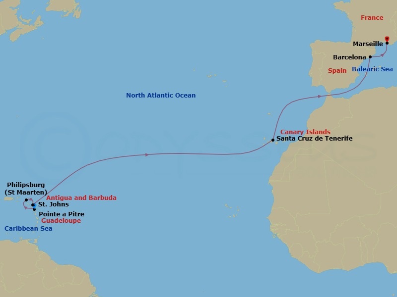 13 Night - East Caribbean - MSC World Asia - Starting in Pointe-A-Pitre, Guadeloupe, Philipsburg, St Maarten, St Johns AG, Antigua, Santa Cruz de Tenerife, Barcelona, Spain, Marseille (Provence), France itinerary map