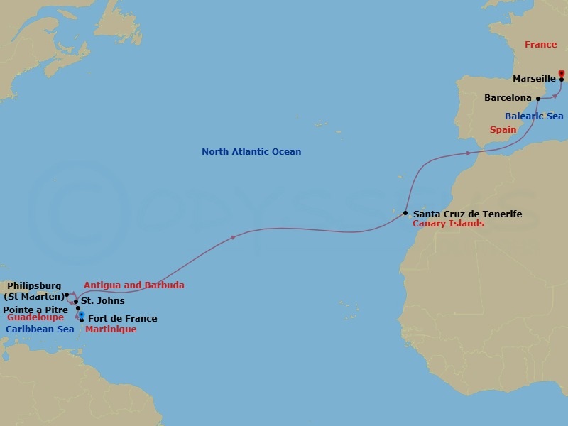 14 Night - Msc Grand Voyages - MSC World Asia - Starting in Fort-de-France, Martinique, Pointe-A-Pitre, Guadeloupe, Philipsburg, St Maarten, St Johns AG, Antigua, Santa Cruz de Tenerife, Barcelona, Spain, Marseille (Provence), France itinerary map