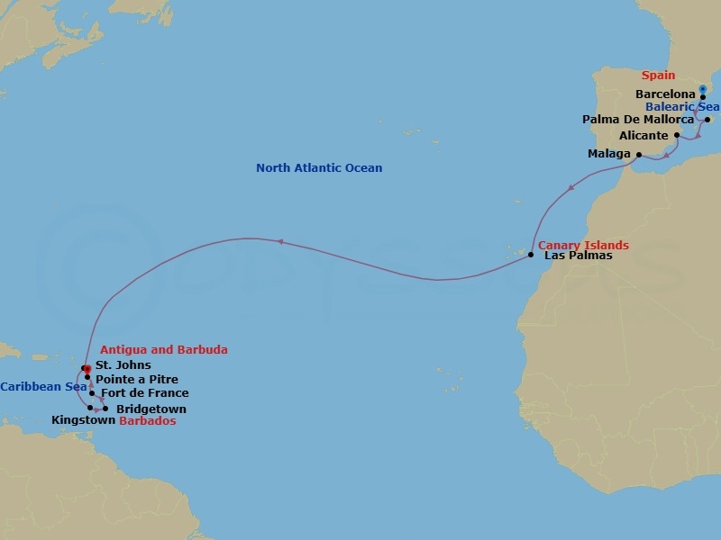 16 Night - Msc Grand Voyages - MSC World Asia - Starting in Barcelona, Spain, Palma De Mallorca (Baleari Is), Spain, Alicante, Spain, Malaga (Granada), Spain, Las Palmas de Gran Canaria (Canary Islands), Spain, St Johns AG, Antigua, Kingstown, St Vincent and the Grenadines, Bridgetown, Barbados, Fort-de-France, Martinique, Pointe-A-Pitre, Guadeloupe itinerary map