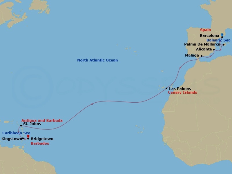14 Night - Msc Grand Voyages - MSC World Asia - Starting in Barcelona, Spain, Palma De Mallorca (Baleari Is), Spain, Alicante, Spain, Malaga (Granada), Spain, Las Palmas de Gran Canaria (Canary Islands), Spain, St Johns AG, Antigua, Kingstown, St Vincent and the Grenadines, Bridgetown, Barbados itinerary map