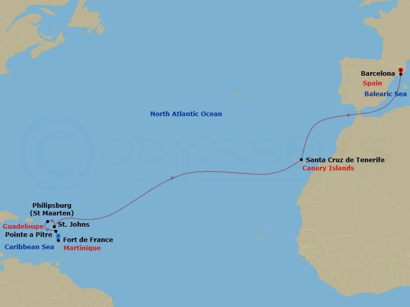 13 Night - Msc Grand Voyages - MSC World Asia - Starting in Fort-de-France, Martinique, Pointe-A-Pitre, Guadeloupe, Philipsburg, St Maarten, St Johns AG, Antigua, Santa Cruz de Tenerife, Barcelona, Spain itinerary map
