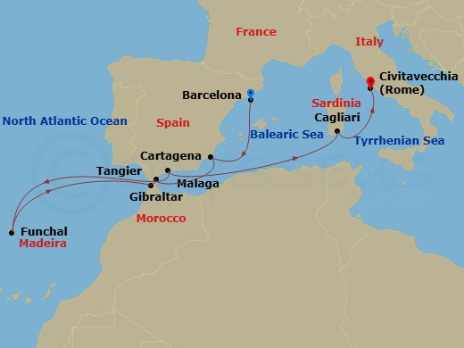 10 Night - Spain, Portugal & Italy - Celebrity Eclipse - Starting in Barcelona, Spain, Cartagena ES, Tangier, Morocco, Madeira (Funchal), Portugal, Malaga, Spain, Cagliari, Sardinia, Italy, Rome (Civitavecchia), Italy itinerary map
