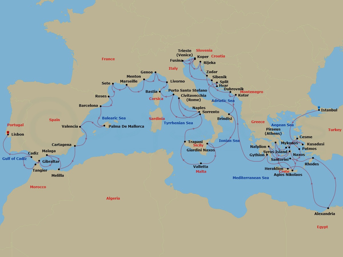 59 Night - Eastern Europe from Istanbul to Lisbon - Silver Dawn - Starting in Istanbul, Kusadasi, Cesme, Mykonos, Rhodes, Alexandria EG, Heraklion, Nafplion, Naxos, Athens, Syros, Patmos, Santorini, Aghios Nikolaos, Gythion, Split, Hvar, Zadar, Rijeka, Koper, Fusina, Trieste, Sibenik, Dubrovnik, Croatia, Kotor, Brindisi, Giardini Naxos, Valletta, Trapani, Sorrento, Civitavecchia, Naples, Porto Santo Stefano, Bastia, Livorno, Genoa, Menton, Marseille, Sete, Roses, Barcelona, Palma De Mallorca, Valencia, Cartagena ES, Melilla, Malaga, Gibraltar, Tangier, Cadiz, Lisbon itinerary map
