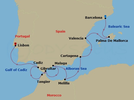 11 Night - Barcelona to Lisbon - Silver Dawn - Starting in Barcelona, Palma De Mallorca, Valencia, Cartagena ES, Spain, Melilla, Malaga (Costa del Sol), Gibraltar, Tangier, Cadiz, Lisbon itinerary map