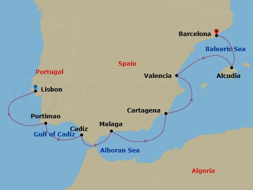 10 Night - Lisbon to Barcelona - Silver Spirit - Starting in Lisbon, Portimao, Cadiz, Malaga (Costa del Sol), Cartagena ES, Spain, Valencia, Alcudia, Mallorca, Barcelona itinerary map