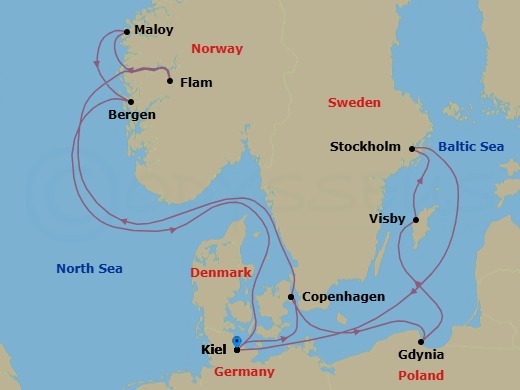 14 Night - Western Europe Roundtrip from Kiel - Costa Diadema - Starting in Kiel, Germany, Copenhagen, Denmark, Flam, Norway, Maloy, Norway, Bergen, Norway, Norwegian sea, Kiel, Germany, Copenhagen, Denmark, Gdynia, Poland, Visby / Gotland, Stockholm, Sweden, Kiel, Germany itinerary map