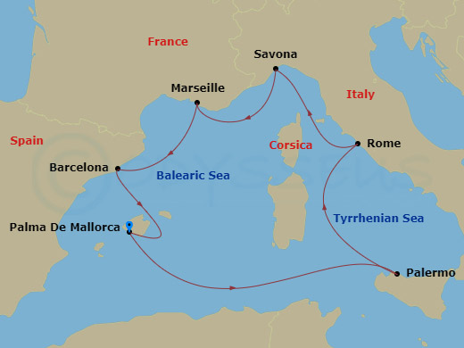 7 Night - Western Mediterranean Roundtrip from Palma De Mallorca - Costa Toscana - Starting in Palma De Mallorca, Spain, Palermo (Sicily), Civitavecchia / Rome, Savona, Italy, Marseilles, France, Barcelona, Spain, Palma De Mallorca, Spain itinerary map