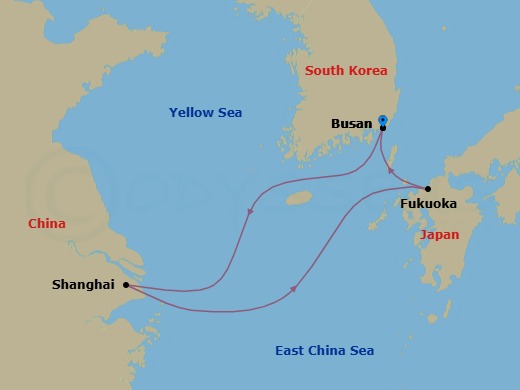 5 Night - Japan Roundtrip from Busan - Costa Serena - Starting in Busan, Shanghai, Fukuoka, Busan itinerary map