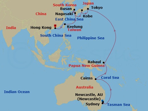 25 Night - Round World from Sydney - Costa Deliziosa - Starting in Sydney AU, Newcastle UK, New South Wales, Cairns, Rabaul, Tokyo, Kobe (Kyoto), Nagasaki, Busan, Keelung (Taipei), Hong Kong itinerary map