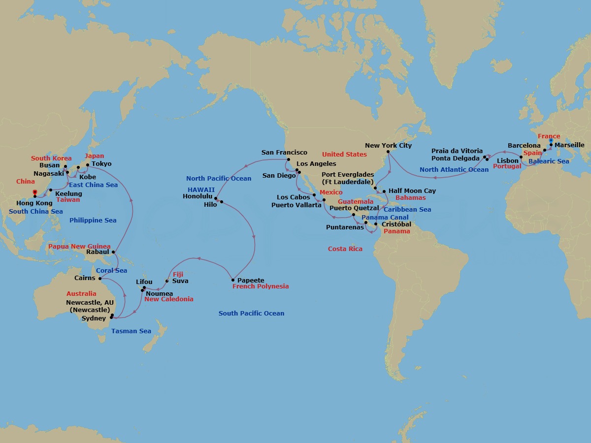 89 Night - Round World from Marseille - Costa Deliziosa - Starting in Marseille, Barcelona, Lisbon, Ponta Delgada (Azores), Praia da Vitoria (Azores), New York, Port Everglades, Half Moon Cay, Panama City, Puntarenas, Puerto Quetzal, Puerto Vallarta, Cabo San Lucas, San Diego, Los Angeles, San Francisco, Honolulu, Hilo, Papeete (Tahiti), Suva, Lifou (Loyalty Islands), Noumea, Sydney AU, Newcastle UK, New South Wales, Cairns, Rabaul, Tokyo, Kobe (Kyoto), Nagasaki, Busan, Keelung (Taipei), Hong Kong itinerary map