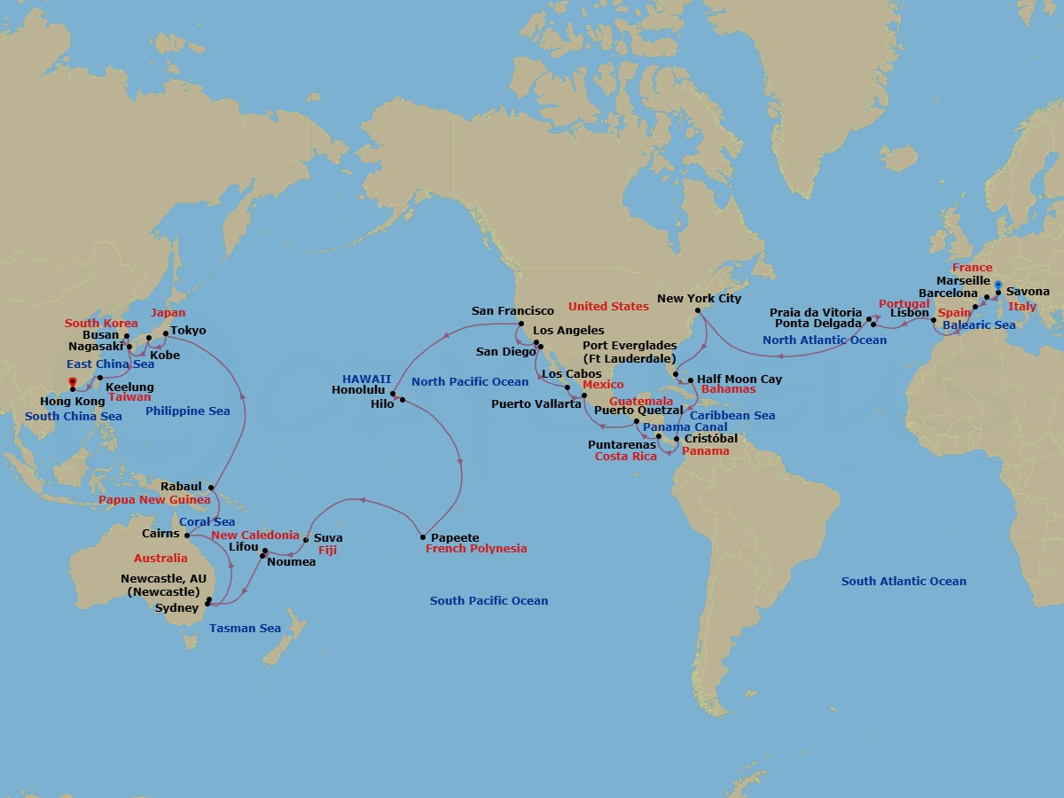 90 Night - Round World from Savona - Costa Deliziosa - Starting in Savona, Marseille, Barcelona, Lisbon, Ponta Delgada (Azores), Praia da Vitoria (Azores), New York, Port Everglades, Half Moon Cay, Panama City, Puntarenas, Puerto Quetzal, Puerto Vallarta, Cabo San Lucas, San Diego, Los Angeles, San Francisco, Honolulu, Hilo, Papeete (Tahiti), Suva, Lifou (Loyalty Islands), Noumea, Sydney AU, Newcastle UK, New South Wales, Cairns, Rabaul, Tokyo, Kobe (Kyoto), Nagasaki, Busan, Keelung (Taipei), Hong Kong itinerary map