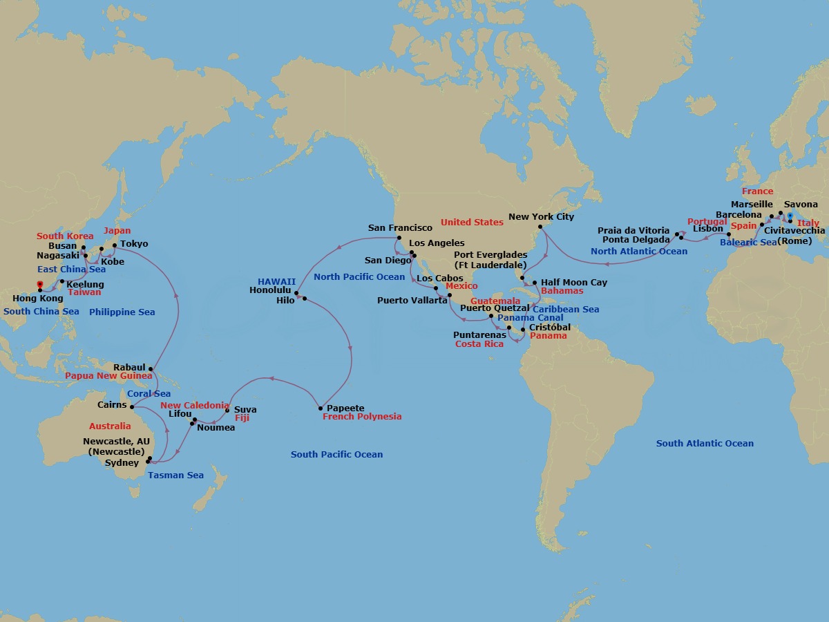 91 Night - Round World from Civitavecchia (Rome) - Costa Deliziosa - Starting in Civitavecchia (Rome), Savona, Marseille, Barcelona, Lisbon, Ponta Delgada (Azores), Praia da Vitoria (Azores), New York, Port Everglades, Half Moon Cay, Panama City, Puntarenas, Puerto Quetzal, Puerto Vallarta, Cabo San Lucas, San Diego, Los Angeles, San Francisco, Honolulu, Hilo, Papeete (Tahiti), Suva, Lifou (Loyalty Islands), Noumea, Sydney AU, Newcastle UK, New South Wales, Cairns, Rabaul, Tokyo, Kobe (Kyoto), Nagasaki, Busan, Keelung (Taipei), Hong Kong itinerary map