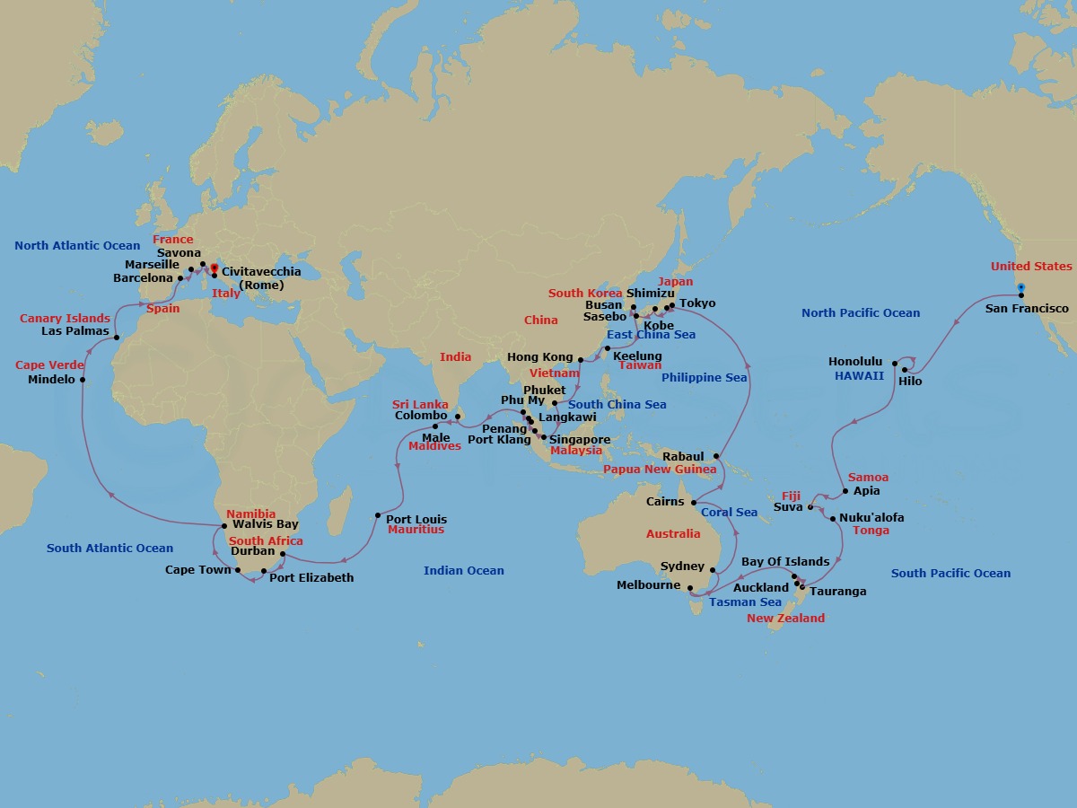 100 Night - Round World from San Francisco - Costa Deliziosa - Starting in San Francisco, Hilo, Honolulu, Apia, Suva, Nukualofa, Tauranga, Auckland, Waitangi (Bay of Islands), Melbourne, Sydney AU, Cairns, Rabaul, Tokyo, Shimizu, Kobe (Kyoto), Sasebo, Busan, Keelung (Taipei), Hong Kong, Phu My (Ho Chi Minh City), Singapore, Port Kelang (Kuala Lumpur), Penang, Langkawi, Phuket, Colombo, Male, Port Louis, Durban, Port Elizabeth ZA, Cape Town, Walvis Bay, Mindelo (Sao Vicente), Las Palmas (Gran Canaria), Barcelona, Marseille, Savona, Civitavecchia (Rome) itinerary map