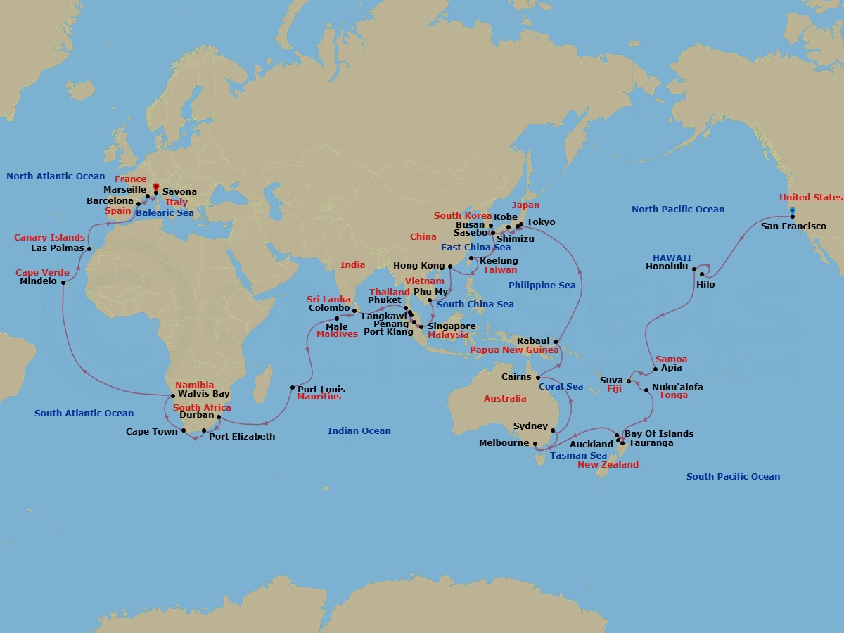 99 Night - Round World from San Francisco - Costa Deliziosa - Starting in San Francisco, Hilo, Honolulu, Apia, Suva, Nukualofa, Tauranga, Auckland, Waitangi (Bay of Islands), Melbourne, Sydney AU, Cairns, Rabaul, Tokyo, Shimizu, Kobe (Kyoto), Sasebo, Busan, Keelung (Taipei), Hong Kong, Phu My (Ho Chi Minh City), Singapore, Port Kelang (Kuala Lumpur), Penang, Langkawi, Phuket, Colombo, Male, Port Louis, Durban, Port Elizabeth ZA, Cape Town, Walvis Bay, Mindelo (Sao Vicente), Las Palmas (Gran Canaria), Barcelona, Marseille, Savona itinerary map
