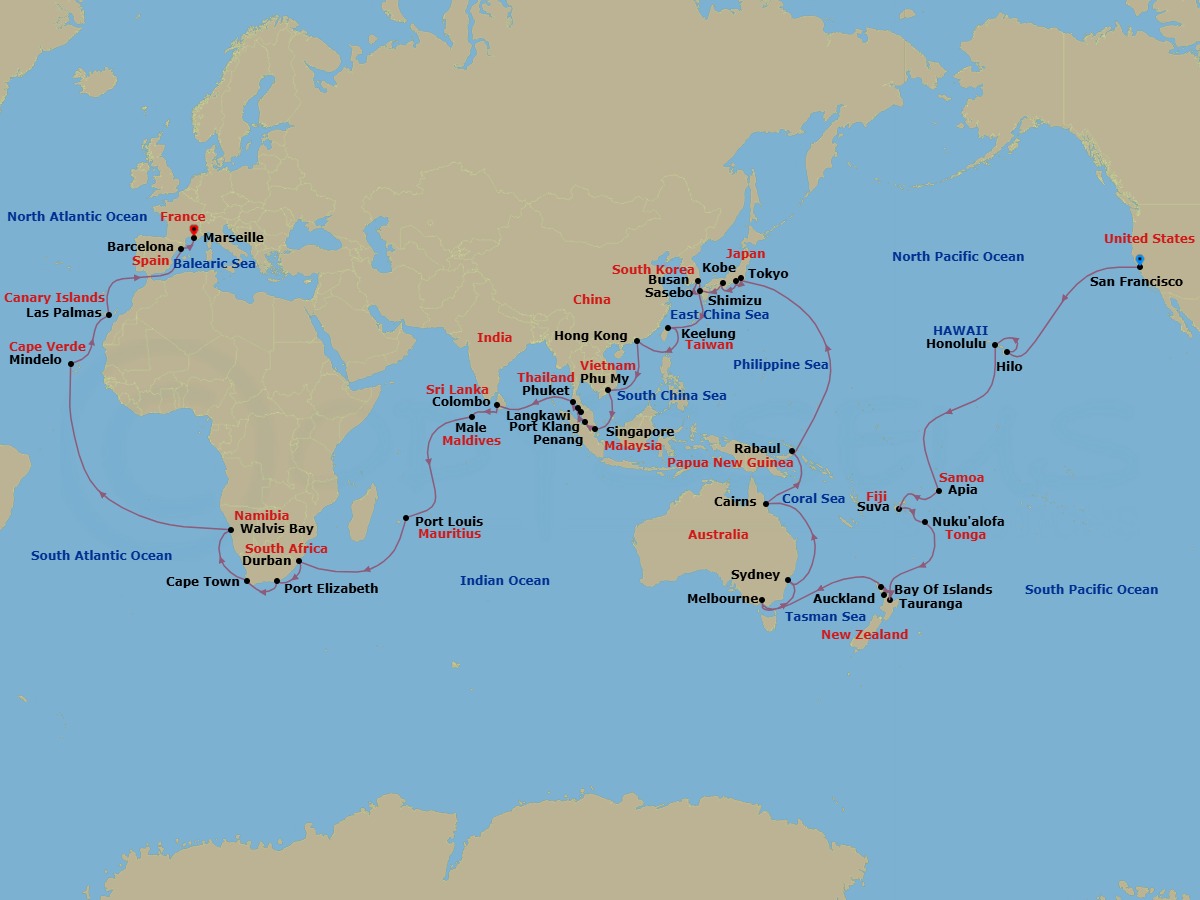98 Night - Round World from San Francisco - Costa Deliziosa - Starting in San Francisco, Hilo, Honolulu, Apia, Suva, Nukualofa, Tauranga, Auckland, Waitangi (Bay of Islands), Melbourne, Sydney AU, Cairns, Rabaul, Tokyo, Shimizu, Kobe (Kyoto), Sasebo, Busan, Keelung (Taipei), Hong Kong, Phu My (Ho Chi Minh City), Singapore, Port Kelang (Kuala Lumpur), Penang, Langkawi, Phuket, Colombo, Male, Port Louis, Durban, Port Elizabeth ZA, Cape Town, Walvis Bay, Mindelo (Sao Vicente), Las Palmas (Gran Canaria), Barcelona, Marseille itinerary map