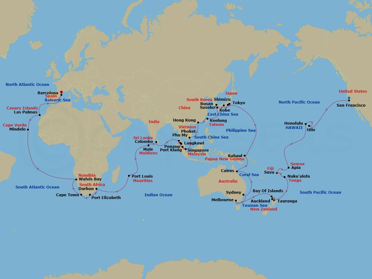 97 Night - Round World from San Francisco - Costa Deliziosa - Starting in San Francisco, Hilo, Honolulu, Apia, Suva, Nukualofa, Tauranga, Auckland, Waitangi (Bay of Islands), Melbourne, Sydney AU, Cairns, Rabaul, Tokyo, Shimizu, Kobe (Kyoto), Sasebo, Busan, Keelung (Taipei), Hong Kong, Phu My (Ho Chi Minh City), Singapore, Port Kelang (Kuala Lumpur), Penang, Langkawi, Phuket, Colombo, Male, Port Louis, Durban, Port Elizabeth ZA, Cape Town, Walvis Bay, Mindelo (Sao Vicente), Las Palmas (Gran Canaria), Barcelona itinerary map