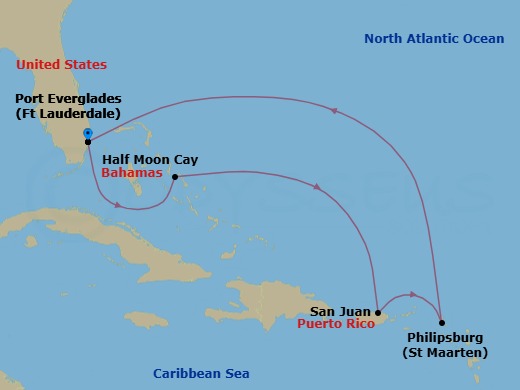 7 Night - Eastern Caribbean with Puerto Rico - Regal Princess - Starting in Fort Lauderdale, Florida, Relaxaway, Half Moon Cay, San Juan, Puerto Rico, St Maarten, Fort Lauderdale, Florida itinerary map