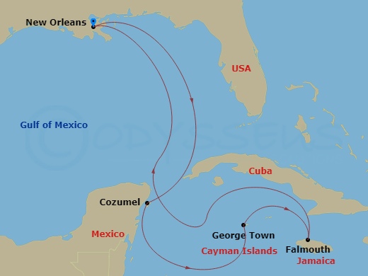 7 Night - Western Caribbean Cruise - Mariner of the Seas - Starting in New Orleans, Louisiana, Cozumel, Mexico, George Town, Grand Cayman, Falmouth, Jamaica, New Orleans, Louisiana itinerary map