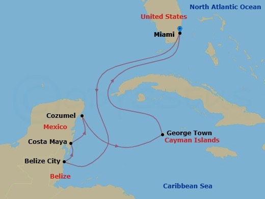 7 Night - Western Caribbean Cruise - Independence of the Seas - Starting in Miami, Florida, Belize City, Belize, Puerto Costa Maya, Mexico, Cozumel, Mexico, George Town, Grand Cayman, Miami, Florida itinerary map