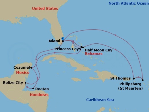 14 Night - Eastern / Western Caribbean Adventurer with Celebration Key - Regal Princess - Starting in Miami, Florida, Relaxaway, Half Moon Cay, St Thomas, US Virgin Islands, St Maarten, Miami, Florida, Belize City, Belize, Roatan (Isla Tropicale), Honduras, Cozumel, Mexico, Celebration Key, Bahamas, Miami, Florida itinerary map