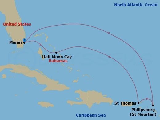 7 Night - Eastern Caribbean with St. Thomas - Regal Princess - Starting in Miami, Florida, Relaxaway, Half Moon Cay, St Thomas, US Virgin Islands, St Maarten, Miami, Florida itinerary map