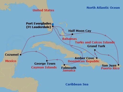 14 Night - Eastern / Western Caribbean Adventurer - Sky Princess - Starting in Fort Lauderdale, Florida, Relaxaway, Half Moon Cay, San Juan, Puerto Rico, Grand Turk, Turks and Caicos, Amber Cove, Dominican Republic, Fort Lauderdale, Florida, Relaxaway, Half Moon Cay, Falmouth, Jamaica, Grand Cayman, Cayman Islands, Cozumel, Mexico, Fort Lauderdale, Florida itinerary map