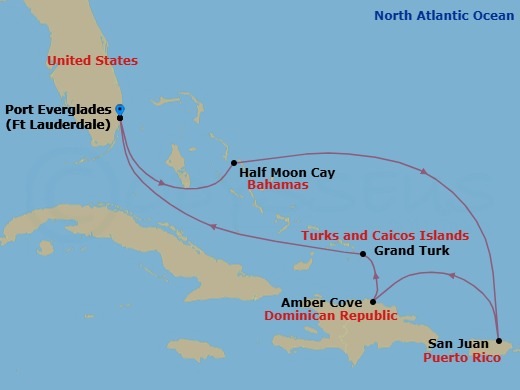 7 Night - Eastern Caribbean with Relaxaway, Half Moon Cay - Sky Princess - Starting in Fort Lauderdale, Florida, Relaxaway, Half Moon Cay, San Juan, Puerto Rico, Amber Cove, Dominican Republic, Grand Turk, Turks and Caicos, Fort Lauderdale, Florida itinerary map