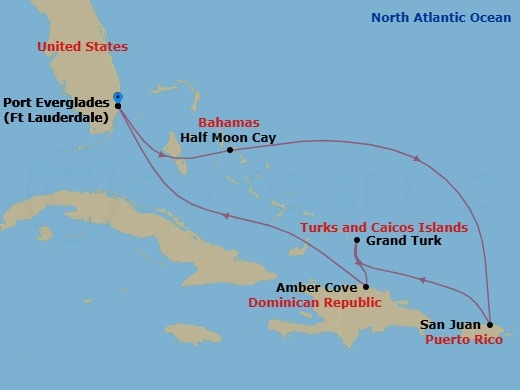 7 Night - Eastern Caribbean with Relaxaway, Half Moon Cay - Sky Princess - Starting in Fort Lauderdale, Florida, Relaxaway, Half Moon Cay, San Juan, Puerto Rico, Grand Turk, Turks and Caicos, Amber Cove, Dominican Republic, Fort Lauderdale, Florida itinerary map