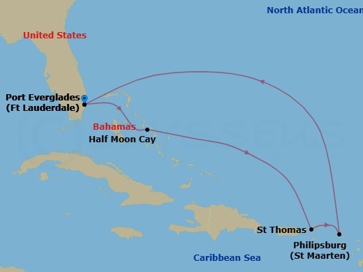 7 Night - Eastern Caribbean with St. Thomas - Sun Princess - Starting in Fort Lauderdale, Florida, Relaxaway, Half Moon Cay, St Thomas, US Virgin Islands, St Maarten, Fort Lauderdale, Florida itinerary map