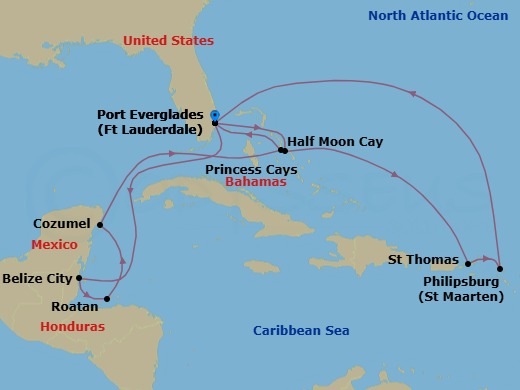14 Night - Eastern / Western Caribbean Adventurer with Celebration Key - Sun Princess - Starting in Fort Lauderdale, Florida, Belize City, Belize, Roatan (Isla Tropicale), Honduras, Cozumel, Mexico, Celebration Key, Bahamas, Fort Lauderdale, Florida, Relaxaway, Half Moon Cay, St Thomas, US Virgin Islands, St Maarten, Fort Lauderdale, Florida itinerary map
