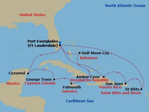 14 Night - Eastern / Western Caribbean Adventurer - Sky Princess - Starting in Fort Lauderdale, Florida, Relaxaway, Half Moon Cay, Falmouth, Jamaica, Grand Cayman, Cayman Islands, Cozumel, Mexico, Fort Lauderdale, Florida, St Kitts, San Juan, Puerto Rico, Amber Cove, Dominican Republic, Fort Lauderdale, Florida itinerary map