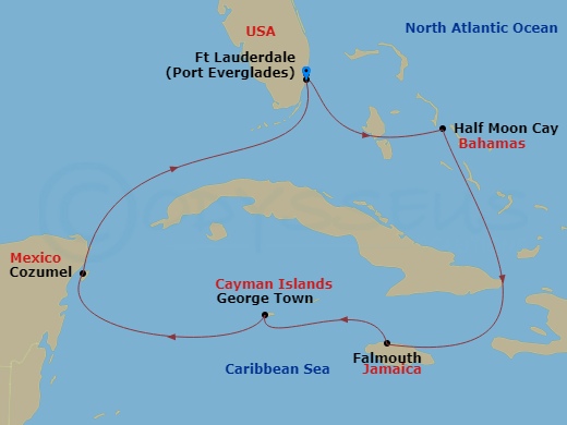 7 Night - Western Caribbean with Grand Cayman - Sky Princess - Starting in Fort Lauderdale, Florida, Relaxaway, Half Moon Cay, Falmouth, Jamaica, Grand Cayman, Cayman Islands, Cozumel, Mexico, Fort Lauderdale, Florida itinerary map