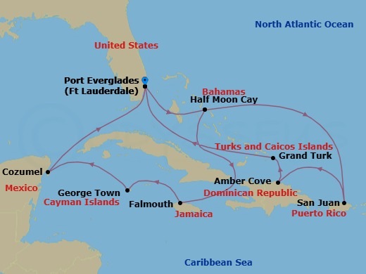 14 Night - Eastern / Western Caribbean Adventurer Holiday - Sky Princess - Starting in Fort Lauderdale, Florida, Relaxaway, Half Moon Cay, San Juan, Puerto Rico, Amber Cove, Dominican Republic, Grand Turk, Turks and Caicos, Fort Lauderdale, Florida, Relaxaway, Half Moon Cay, Falmouth, Jamaica, Grand Cayman, Cayman Islands, Cozumel, Mexico, Fort Lauderdale, Florida itinerary map