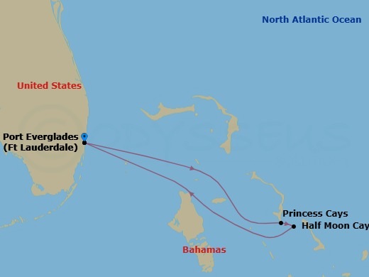 4 Night - Eastern Caribbean Getaway with Celebration Key - Sky Princess - Starting in Fort Lauderdale, Florida, Celebration Key, Bahamas, Relaxaway, Half Moon Cay, Fort Lauderdale, Florida itinerary map