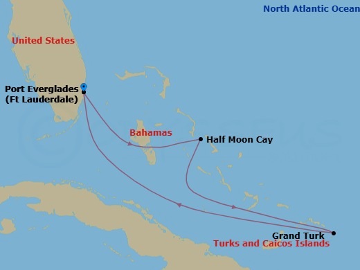 5 Night - Caribbean Getaway with Grand Turk - Enchanted Princess - Starting in Fort Lauderdale, Florida, Relaxaway, Half Moon Cay, Grand Turk, Turks and Caicos, Fort Lauderdale, Florida itinerary map